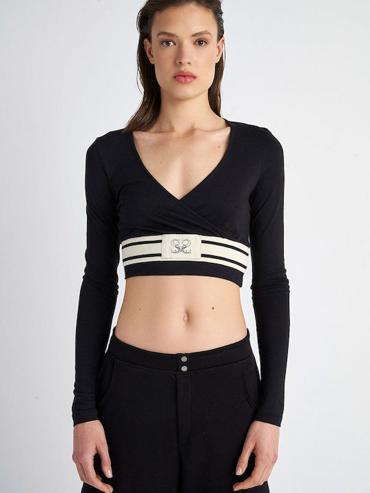 SugarFree Crop Top Sportiv pentru Femei cu Mâneci Lungi Negru