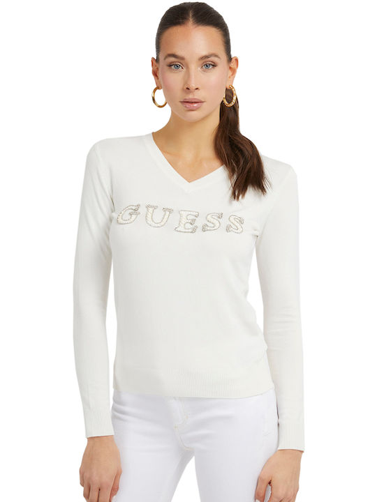 Guess Damen Bluse Langärmelig mit V-Ausschnitt Cream White