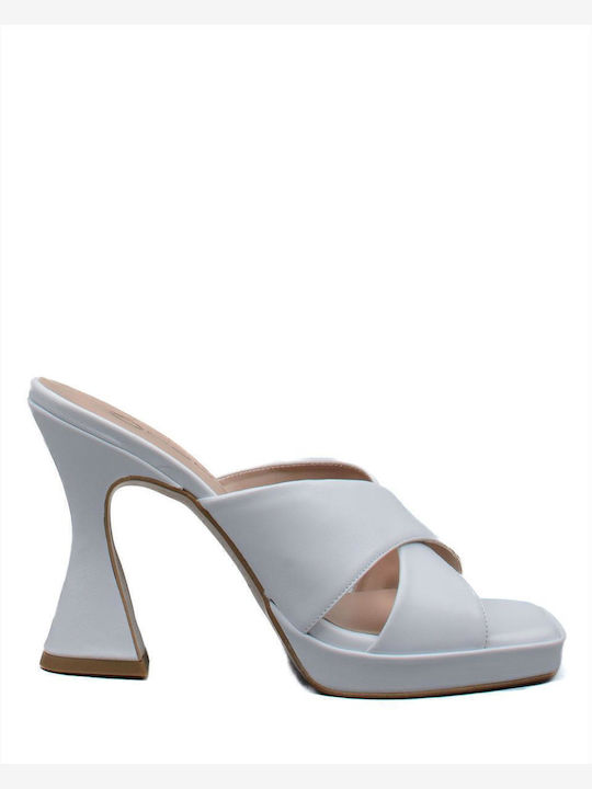 Leather Mules with Chunky High Heel in White Color