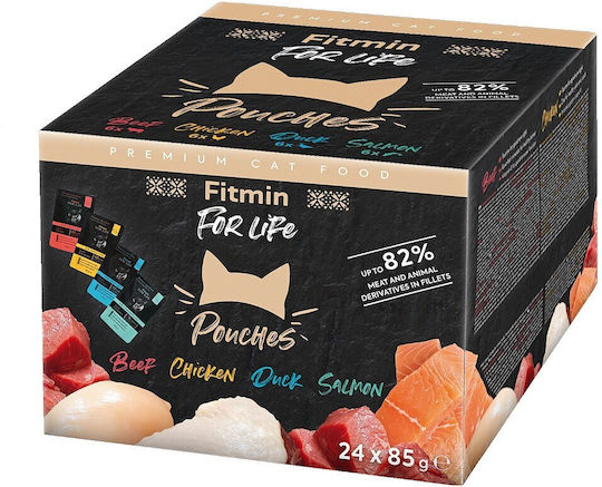 Fitmin For Life Pouch Wet Food for Adult Cats in Pouches with Beef, Chicken, Duck and Salmon Grain-Free & Gluten-Free 24x85gr