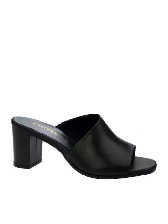 0649-1 Leather Mules with Chunky Low Heel in Black Color