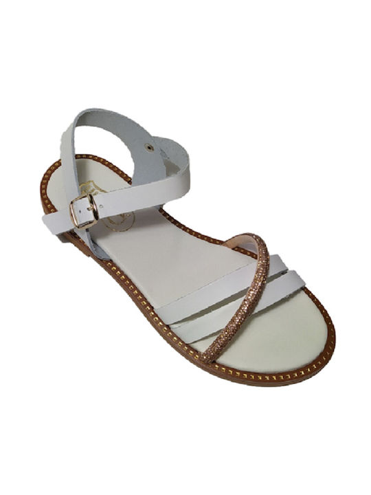 Gk Shoes Leather Women's Flat Sandals with Strap in White Color