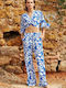Women's Fabric Trousers with Elastic Floral Blue
