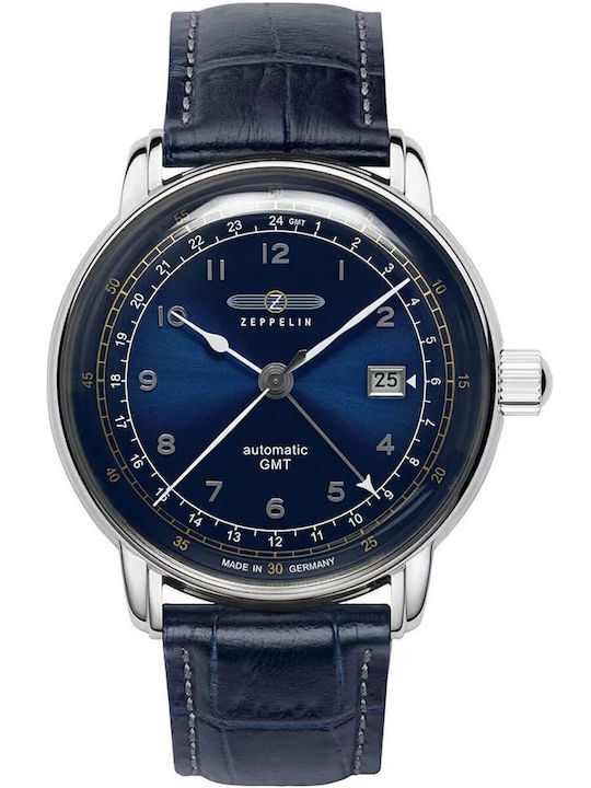 Zeppelin Ανδρικό Ρολόι 43mm Αυτόματο με Μπλε Δερμάτινο Λουράκι
