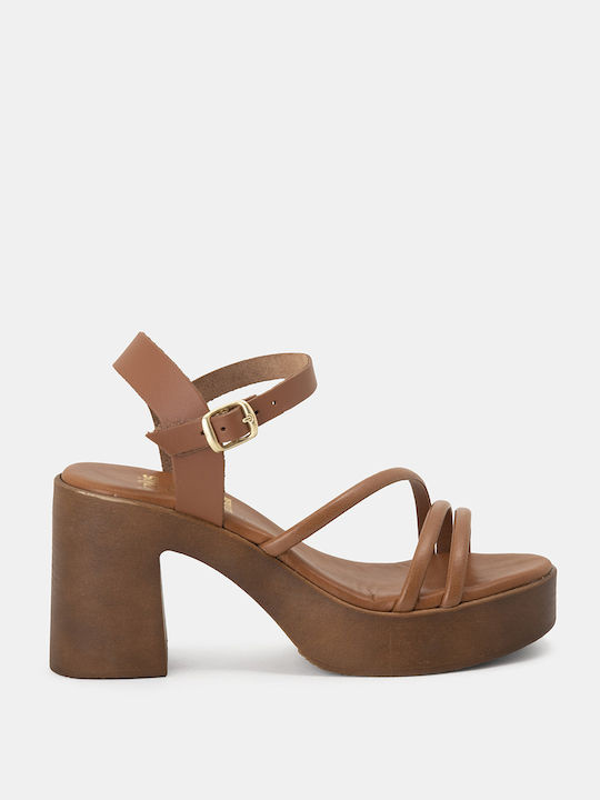 Bozikis Platform Leather Women's Sandals Tabac Brown with Chunky High Heel K23-076-311 Δ-ΤΑΜΠΑ