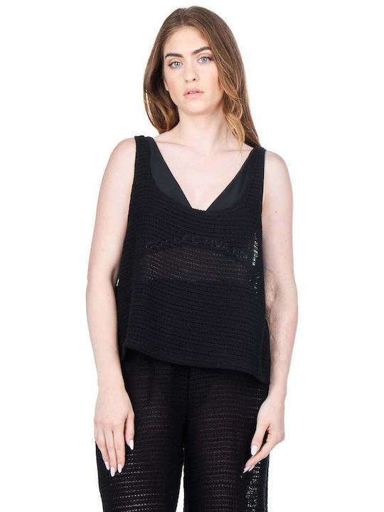 Collectiva Noir Damen Crop Top Ärmellos Schwarz