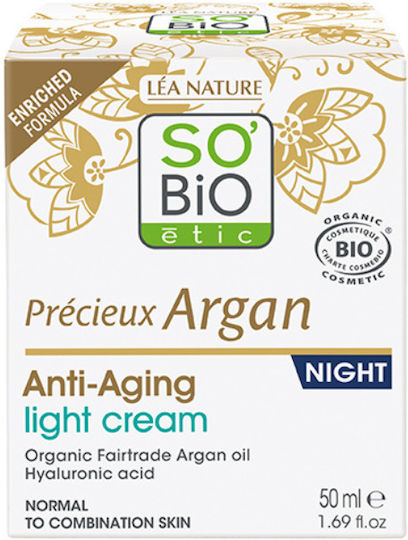So'Bio Etic Précieux Argan Лека Крем за Лице Нощен Крем за Против Стареене и Стягане на Кожата с Хиалуронова Киселина 50ml