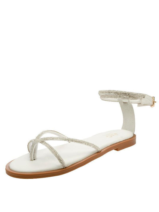 J&C Leather Women's Sandals with Ankle Strap with Strass White