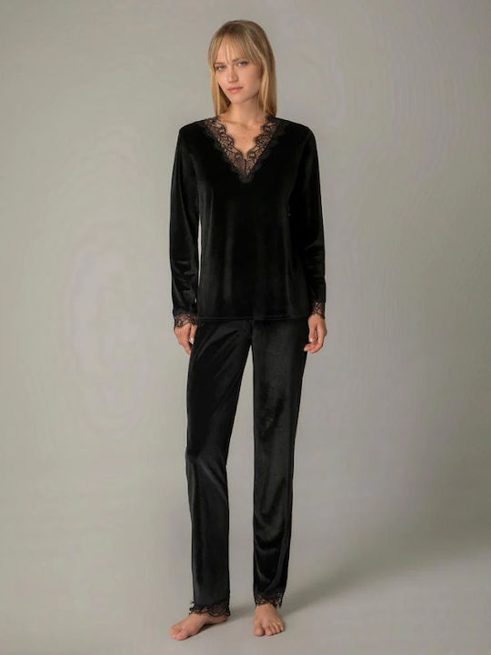 Milena by Paris Winter Women's Pyjama Set Velvet Black