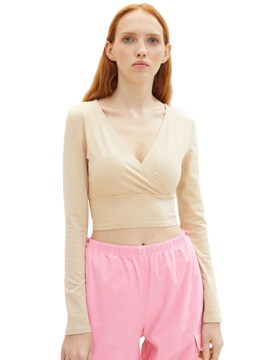 Tom Tailor Women's Crop Top Long Sleeve Beige