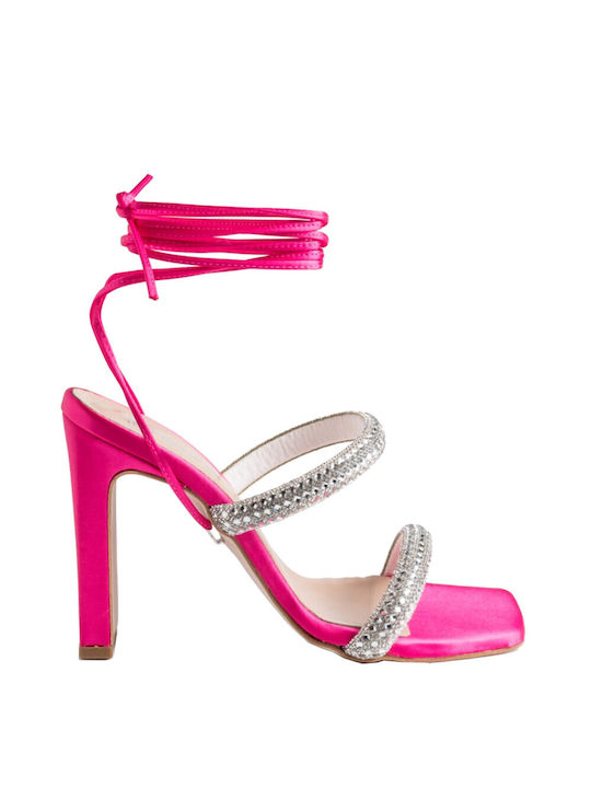Makis Kotris Fabric Women's Sandals with Strass & Laces Fuchsia with Chunky High Heel