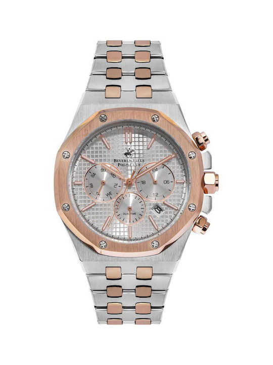 Beverly Hills Polo Club Dual Time Watch Chronograph Battery with Gold / Gold Metal Bracelet