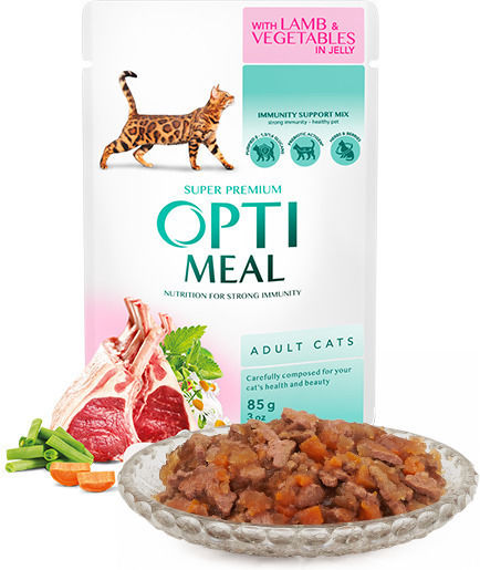 OptiMeal Super Premium Wet Food for Adult Cats in Pouches with Lamb and Vegetables Gluten-Free 85gr