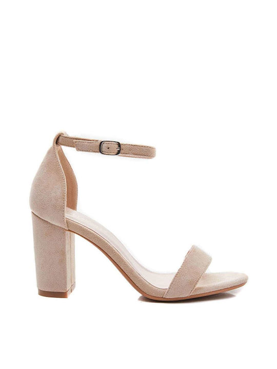 Keep Fred Suede Women's Sandals with Ankle Strap Beige with Chunky High Heel