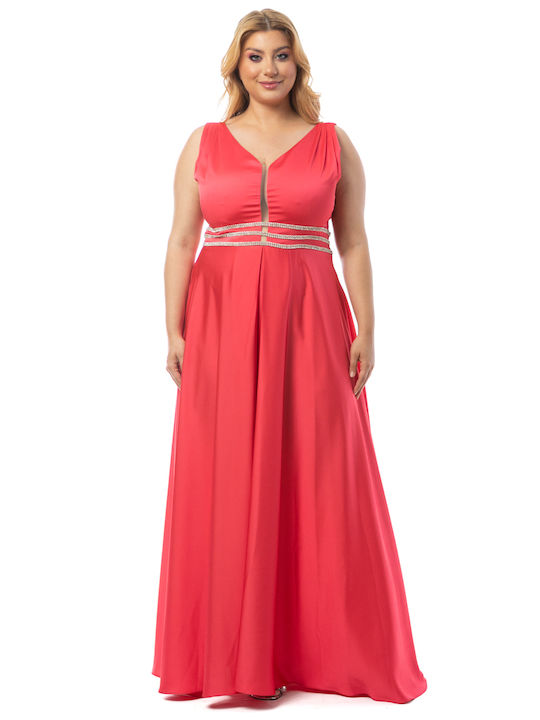 Happy Sizes Καλοκαιρινό Maxi Φόρεμα για Γάμο / Βάπτιση Ροζ
