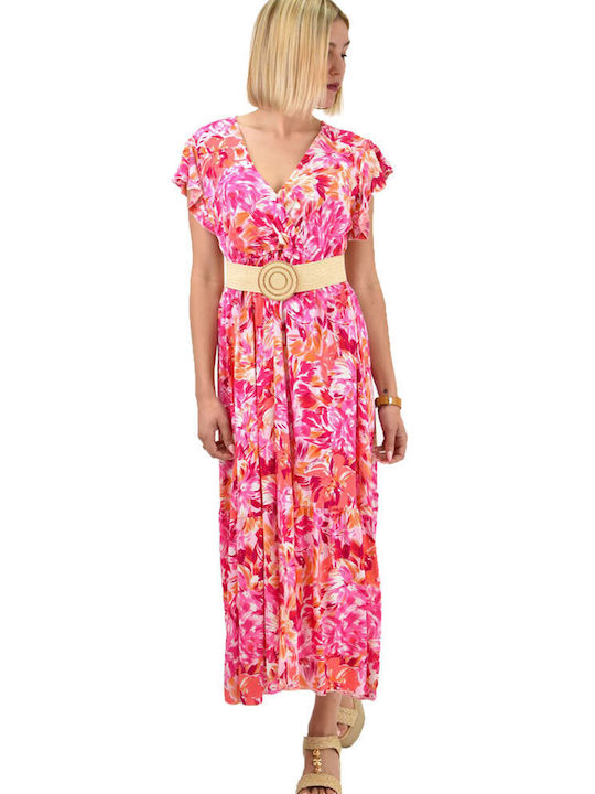Potre Καλοκαιρινό Midi Φόρεμα Κρουαζέ με Βολάν Ροζ