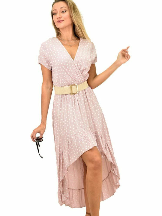 Potre Summer Mini Dress Wrap with Ruffle Pink