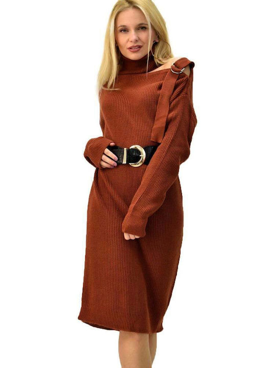 Potre Mini Dress Knitted Turtleneck Brown