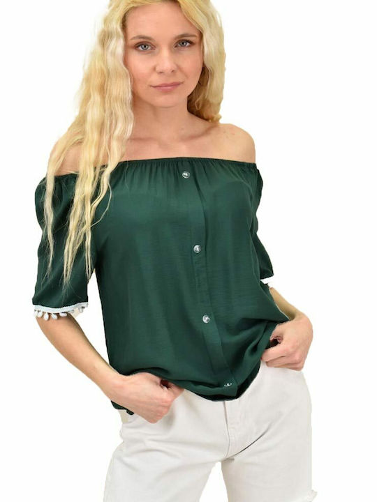 Potre Damen Sommerliche Bluse Schulterfrei Kurzärmelig Grün