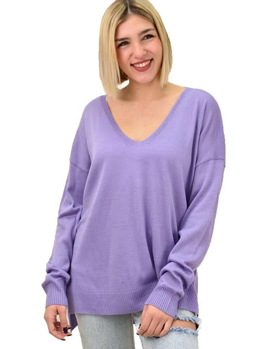 Potre Women's Long Sleeve Sweater Woolen with V Neckline Lilacc