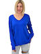 Potre Damen Langarm Pullover Wolle mit V-Ausschnitt Blau