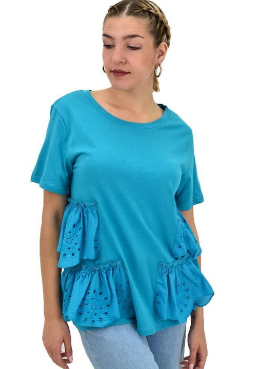 Potre Damen Sommer Bluse Baumwolle Kurzärmelig Blau