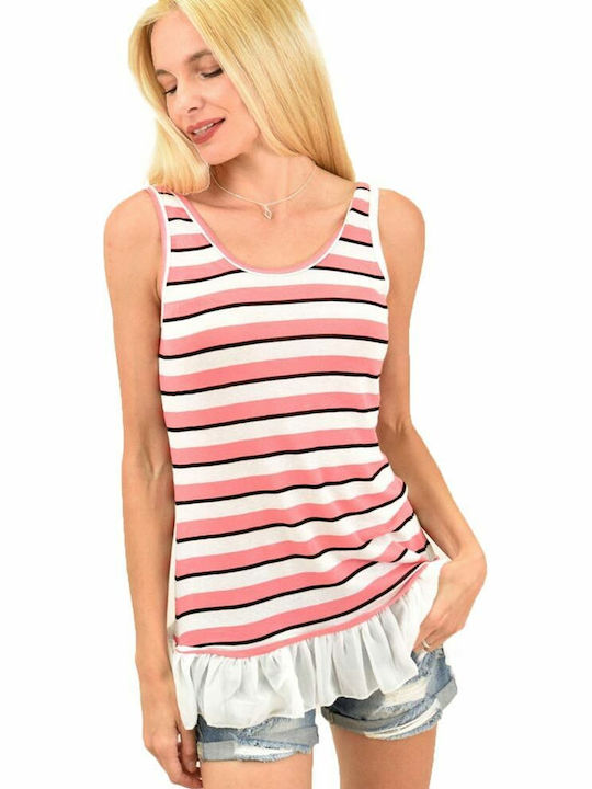 Potre Damen Sommer Bluse Baumwolle Ärmellos Gestreift Rosa