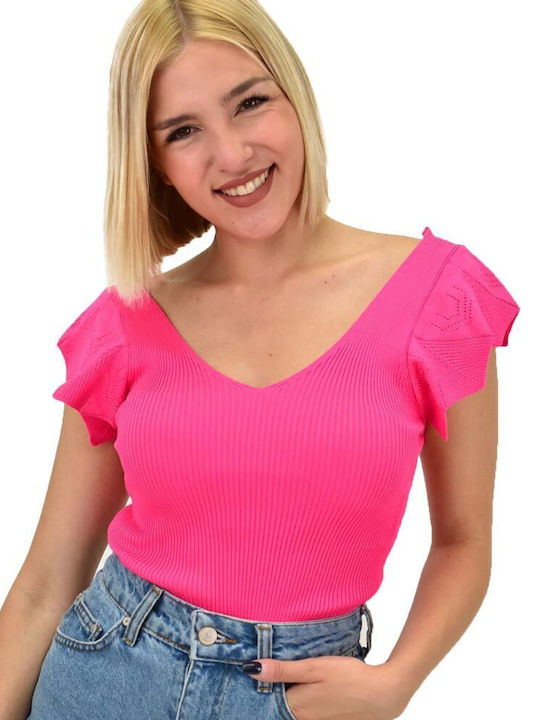 Potre Damen Sommer Bluse Kurzärmelig mit V-Ausschnitt Fuchsie