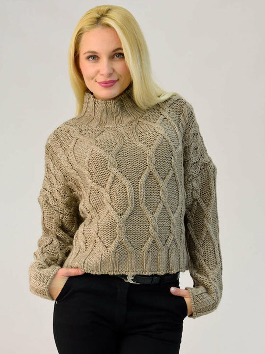 Potre Women's Long Sleeve Crop Sweater Cotton Turtleneck Brown