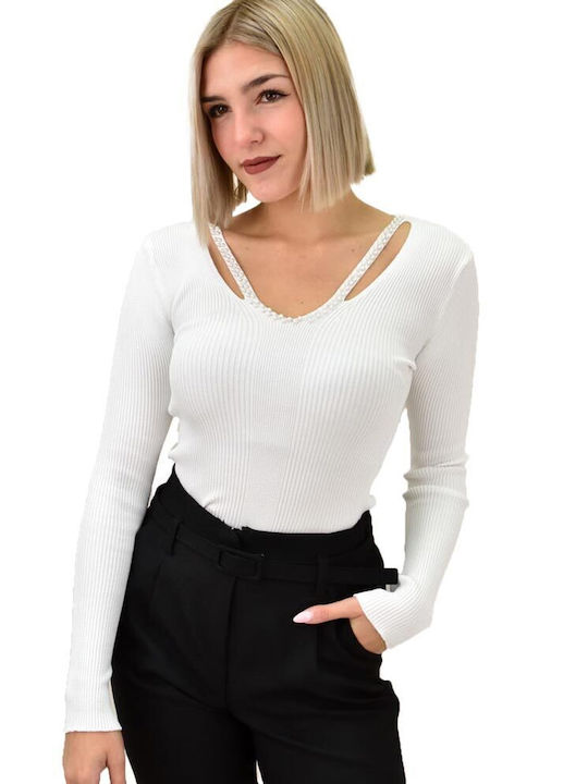 Potre Women's Long Sleeve Pullover with V Neck White