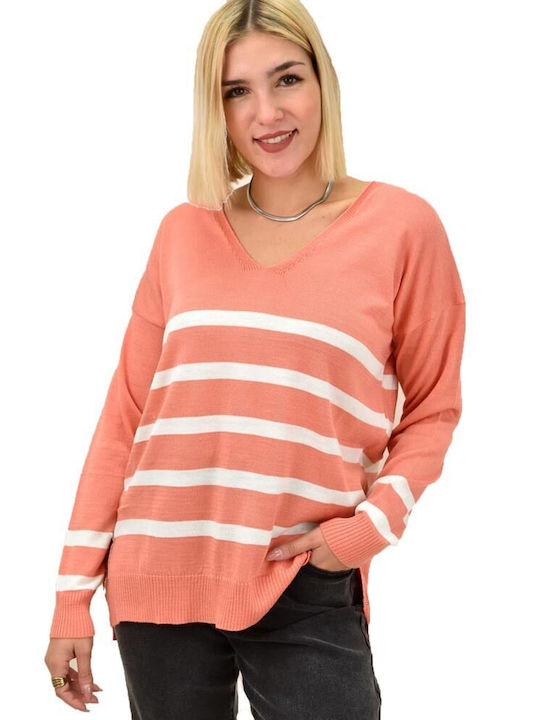 Potre Women's Blouse Long Sleeve with V Neckline Striped Pink