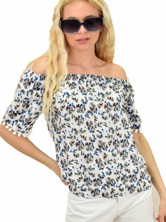 Potre Damen Sommerliche Bluse Baumwoll Schulterfrei Kurzärmelig Blumen Weiß