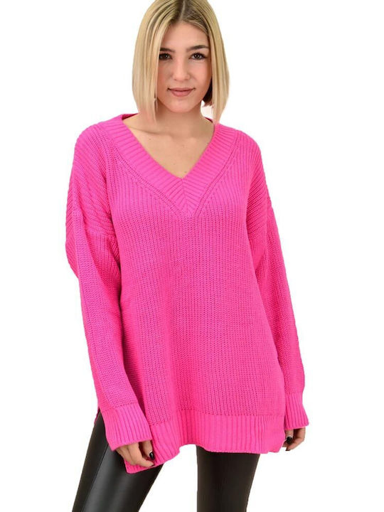 Potre Women's Long Sleeve Pullover with V Neck Fuchsia