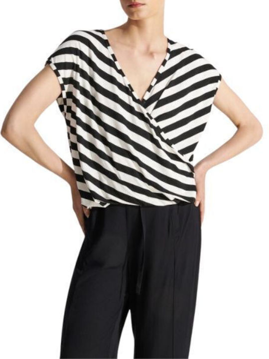 Ale - The Non Usual Casual Women's Summer Blouse Short Sleeve Striped Black