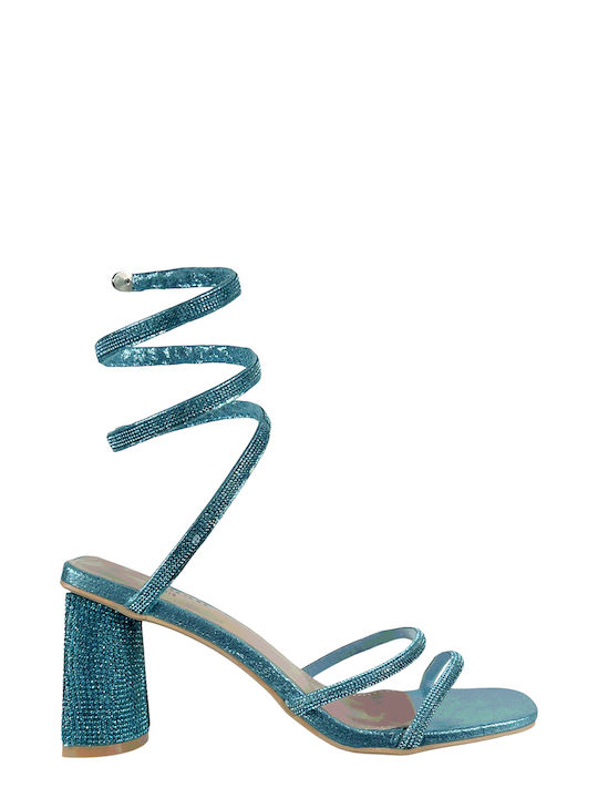 Ligglo Women's Sandals with Strass Light Blue with Chunky High Heel -BLUE