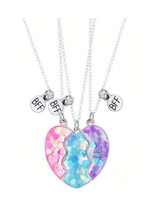 Handmade Friendship Necklace Set of 3 Silver Metal Heart Pink-Purple-Turquoise Multicolored Best Friends Forever (tatu moyo)