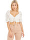 Juicy Women's Summer Crop Top with 3/4 Sleeve & V Neckline White