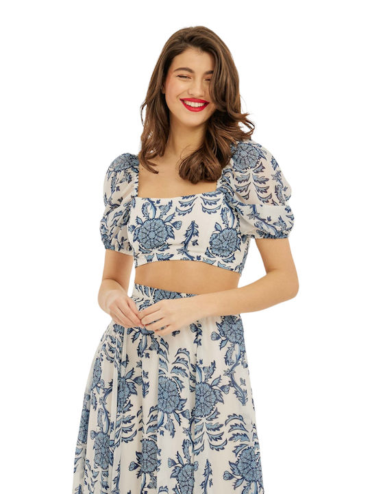 Flora Women's Summer Crop Top Short Sleeve Floral Beige