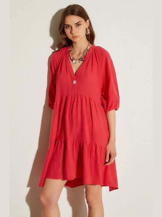BSB Summer Mini Shirt Dress Dress with Ruffle Fuchsia