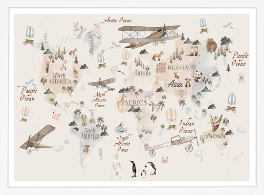 Walls Kids Wall Art Map Animals Airplanes with White Wooden Frame 70x50cm
