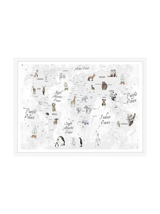 Walls Kids Wall Art Gray Map Animals with White Frame from Wood 20x15cm