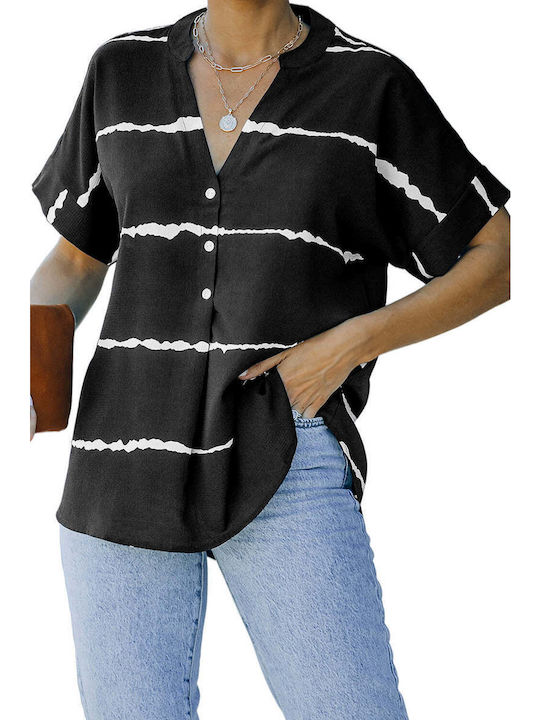 Amely Women's Summer Blouse Short Sleeve Striped Black