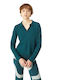 Compania Fantastica Women's Long Sleeve Sweater Cotton with V Neckline Green