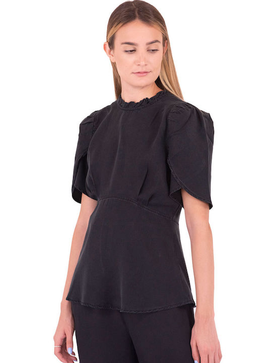 ICHI Women's Summer Blouse Short Sleeve Black