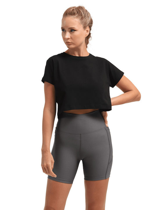 Superstacy Damen Sportliches Crop Top Kurzarm Schwarz