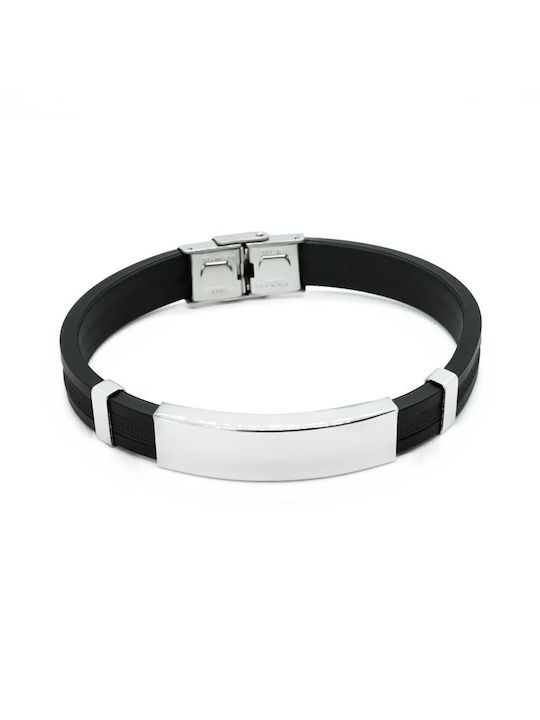 Men's Bracelet made of Rubber in Black color and Silver Plate made of Steel