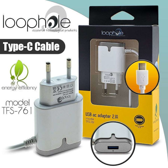 Loophole Φορτιστής με Ενσωματωμένο Καλώδιο με Θύρα USB-A USB-C Ασημί (TFS-761)