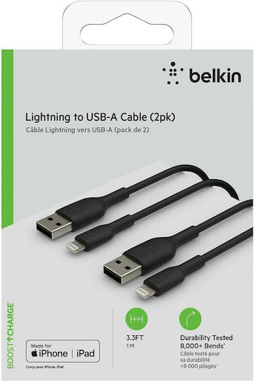 Belkin USB-A to Lightning Cable Μαύρο 1m (CAA001BT1MBK2PK)