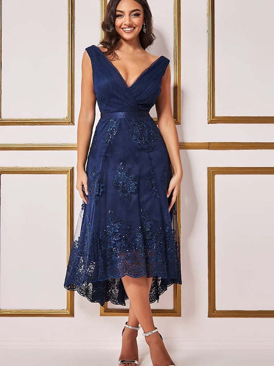 Summer Midi Evening Satin Wrap Dress with Lace Navy Blue DR3337QZ Navy