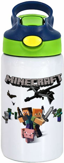 Koupakoupa Kids Water Bottle Minecraft Stainless Steel with Straw White 350ml